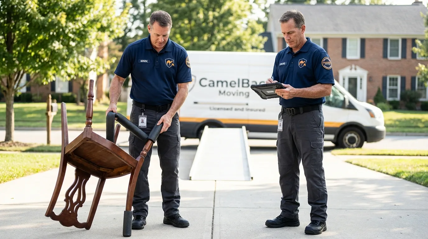 Movers inspecting furniture for damage prevention before loading in North Charleston, SC