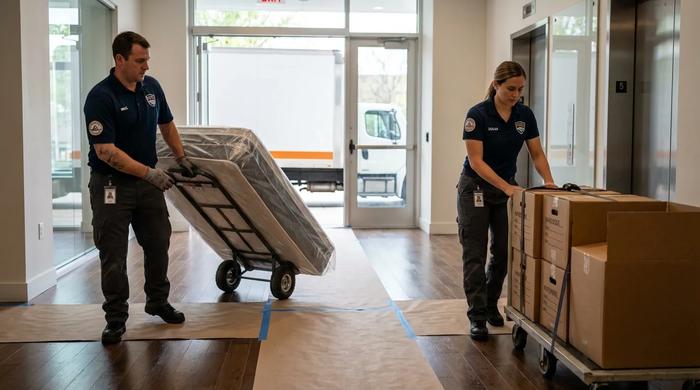 Professional apartment movers loading elevator in North Charleston, SC