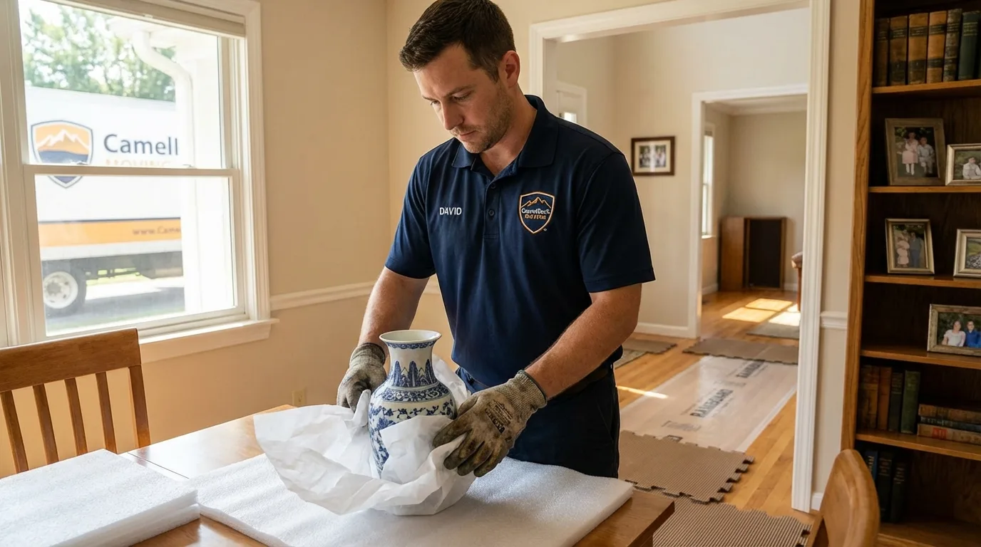 Professional crew carefully wrapping antique vase for senior downsizing move in North Charleston, SC